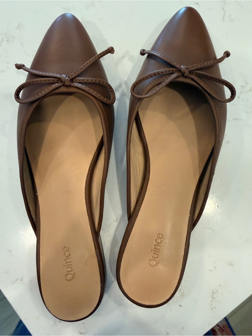 Quince Cognac Italian Leather Pointed Bow Mules Flats Size 6